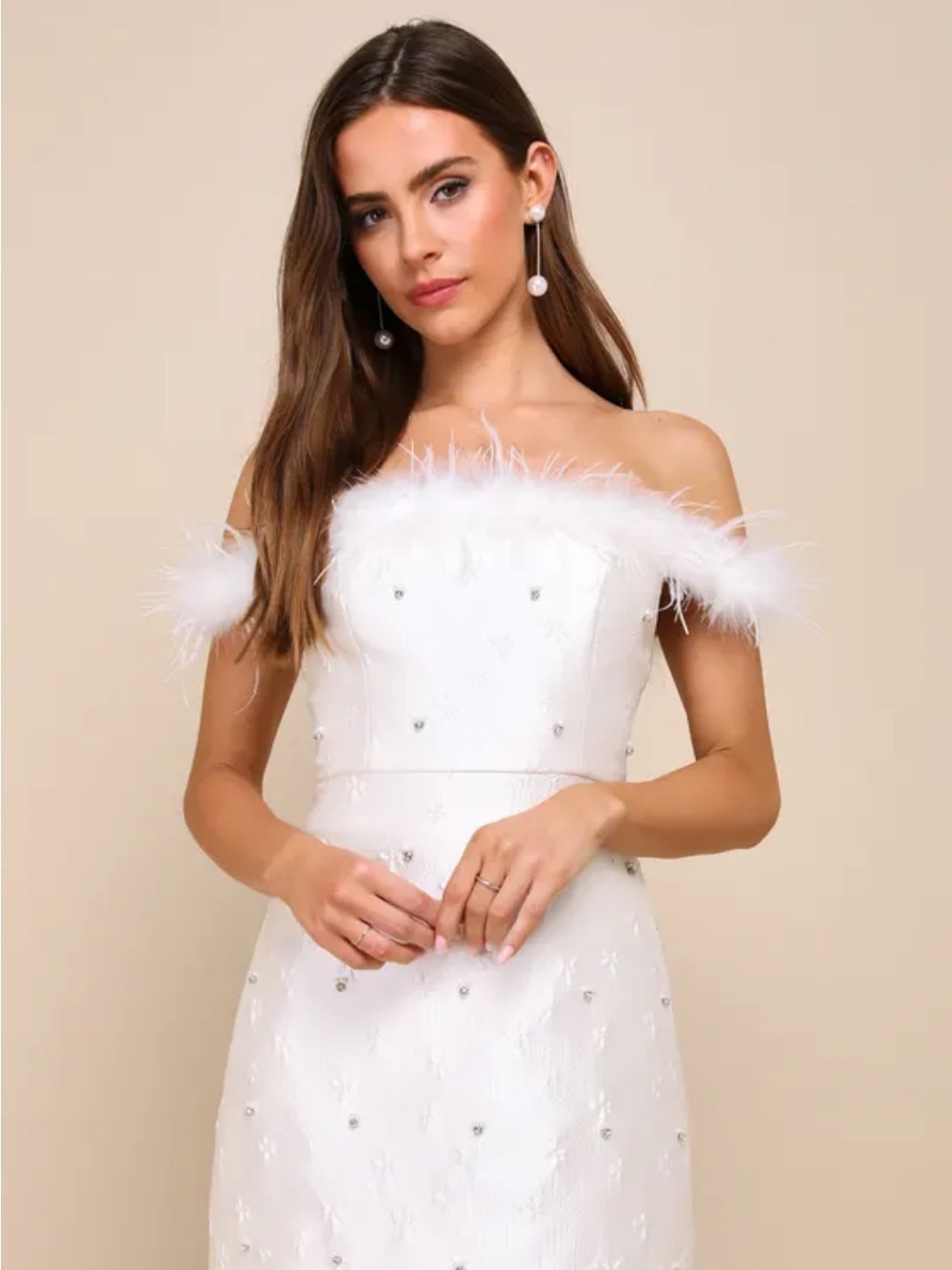 Lulus Charming Always Ivory Floral Jacquard Feather Mini Dress